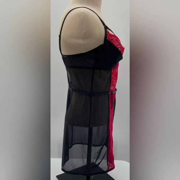 Adore Me Red Black Lace Valentine Sexy Cut Out Babydoll Slip Dress Size Medium - Picture 10 of 11